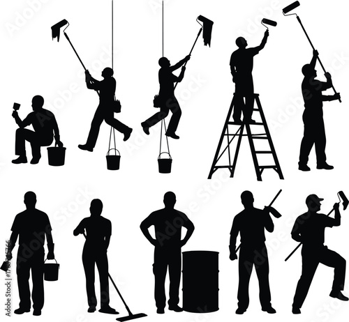 Painter silhouette vector set of workers painting and cleaning service eps