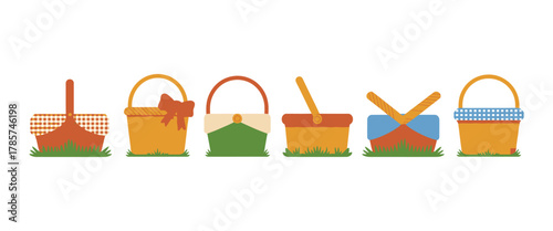 Easter Picnic Basket Icon – Straw Hamper on Grass with Bow, Empty Spring Bag Set Isolated on White, Cute Vector Illustration