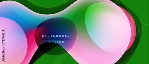 Abstract fluid shapes overlap, creating vibrant color gradients. Green backdrop emphasizes pink, blue hues. Modern design element.