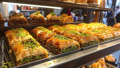 Baklava display sweet, layered pastries with pistachio topping
