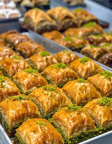 Rows of layered pastries topped with pistachios, very sweet