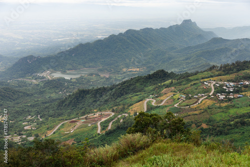 Wide-angle view of Phu Thap Boek, a popular tourist attraction in Phetchabun Province, showing the landscape of complex mountains and beautiful winding roads.