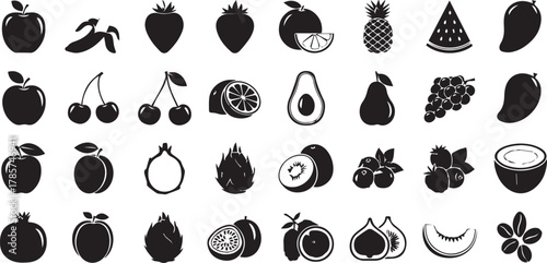 Large collection of diverse fruit and berry silhouette vector icons isolated on white background for menu design