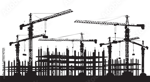 Silhouette of construction cranes and building framework in progress, representing urban development and infrastructure projects in a city.