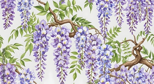 Enchanting purple wisteria blossoms cascading gracefully on winding branches, creating a lush and vibrant spring floral pattern, evoking serene natural beauty and delicate elegance for timeless design