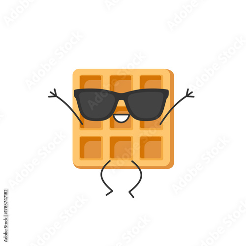 Viennese waffle cute cartoon character, a symbol of a delicious sweet breakfast, jumping greeting smile face kawaii joy happy emotions icon vector illustration.