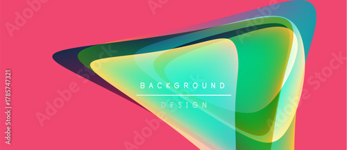 Abstract design features vibrant layers, flowing shapes. Gradient colors blend, creating dynamic visual impact. Pink backdrop enhances contrast.