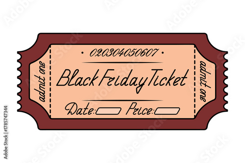 Black Friday. Red admit one ticket. Date and price are listed. Handwritten cursive lettering. Color vector illustration. Tear-off ticket with a serial number. Isolated on white background. 