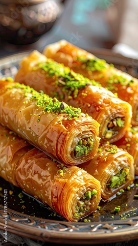Stack of rolls pastry with green nuts, golden