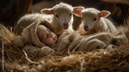 Newborn jesus in manger peaceful holy night scene with sleeping baby and sheep in darkness