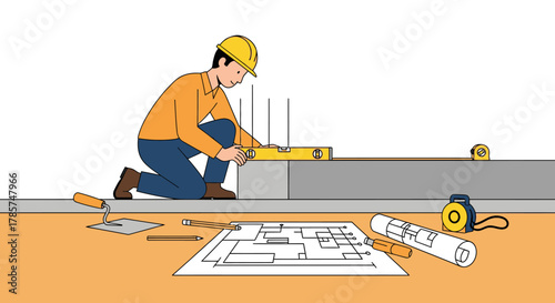 A dedicated construction worker carefully checks the level of a new concrete foundation using precise tools and detailed blueprints on site.