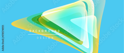 Abstract geometric shapes overlap, creating vibrant color gradients. Blue backdrop enhances visual impact. Modern design element.