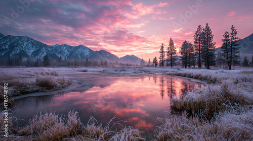 Fototapeta Naklejka Na Ścianę i Meble -  Christmas icy meadow reflecting pink sunrise 