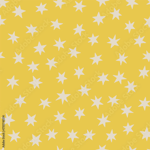 Seamless vector pattern with simple white stars on yellow background. Minimal modern design for wrapping, textiles, and wallpapers.