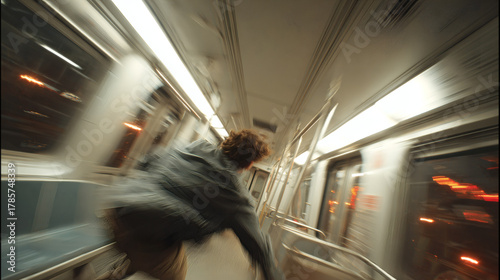 Man stumbling inside a fast-moving subway train with motion blur
