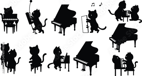 Cute cat silhouettes playing piano — musical kittens performing, singing, and practicing piano music, adorable cat musician illustration collection