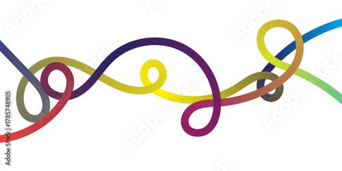 The image features an abstract, dynamic composition of multiple intertwining, continuous, thick, fluid lines forming a complex series of graceful loops and sweeping curves. Each line displays a smooth