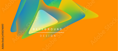 Abstract vibrant shapes overlap orange backdrop. Fluid forms create dynamic visual interest. Text reads background design.