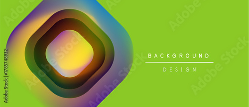 Bright green backdrop features layered, colorful hexagon shapes. Gradient hues transition from yellow to purple. Minimalist design includes text background, design.