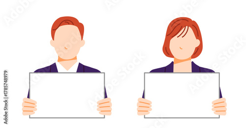 パネルを持つビジネスパーソンの男女のイラスト。フラットデザイン。