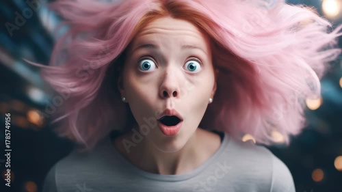 Woman with vibrant pink hair has an open-mouthed expression of surprise against a blurred backdrop. She appears startled and is wearing casual clothing.