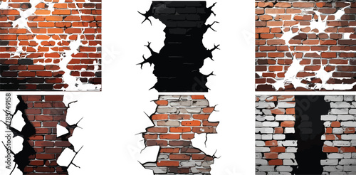 Set of cracked brick wall textures with broken edges and damaged surfaces for distressed vector design