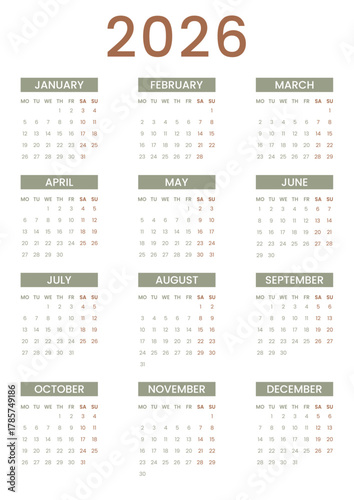 English 2026 year calendar vertical page template week starts on Monday