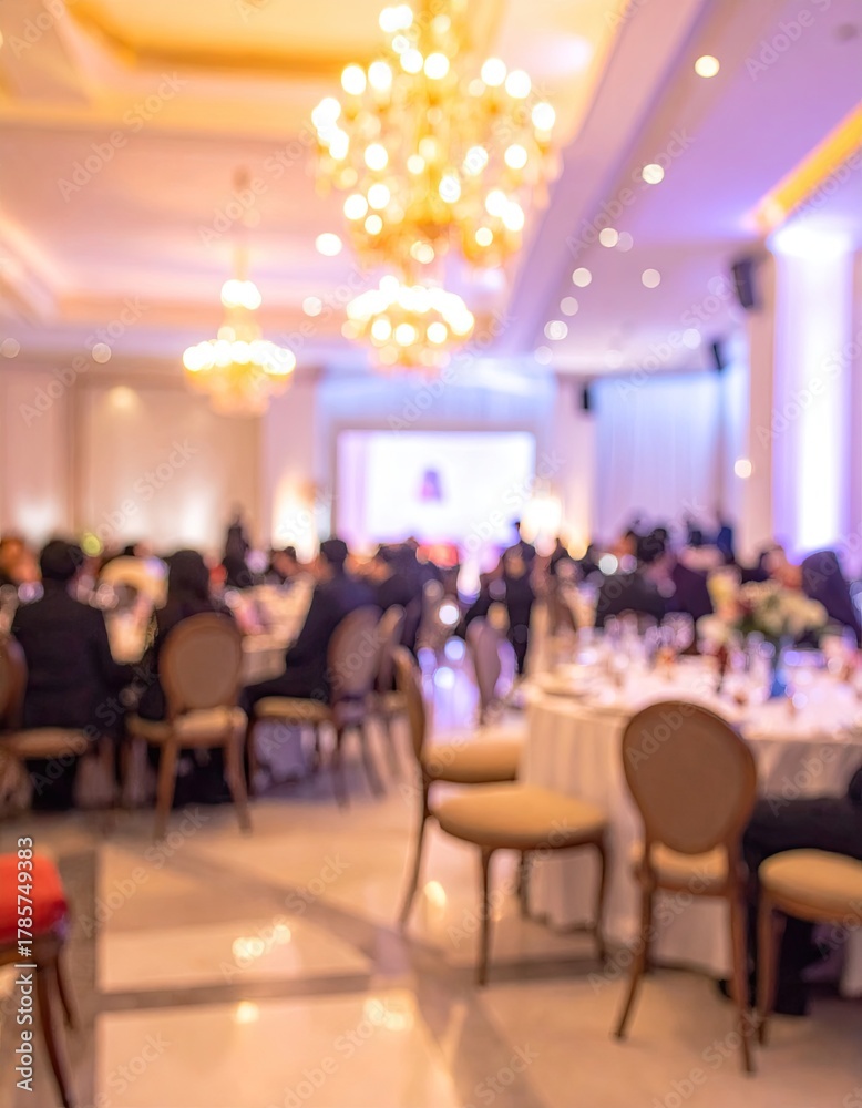 Naklejka premium Blurry event guests at tables under chandeliers