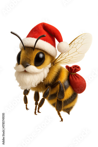 Festive bee wearing Santa hat and beard, carrying a red sack cutout png on transparent background