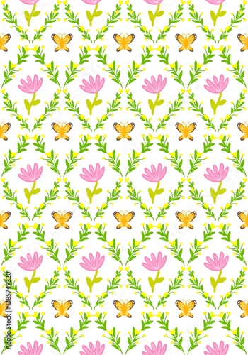 A bright and cheerful seamless floral pattern featuring pink flowers, yellow butterflies, and green leaves on a white background. Perfect for fabric design, wallpaper, wrapping paper