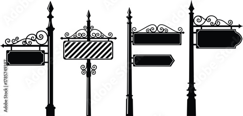 Ornate vintage street sign silhouettes with decorative scrollwork poles, retro directional boards, classic signage design, historical style, urban navigation illustration