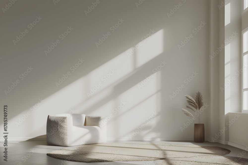 Fototapeta premium Sala minimalista con luz natural y sillón blanco moderno