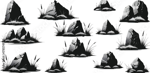 Set of rocky stones with grass in black and white shading, natural landscape ground elements vector art
