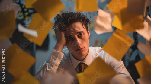 Young man experiencing burnout, overwhelmed by urgent sticky notes and office work
