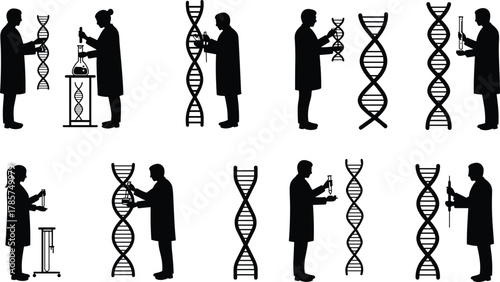 Scientists analyzing DNA helix models, biotechnology experiment, molecular biology research, genome sequencing, laboratory science innovation, genetics study, scientific teamwork, 