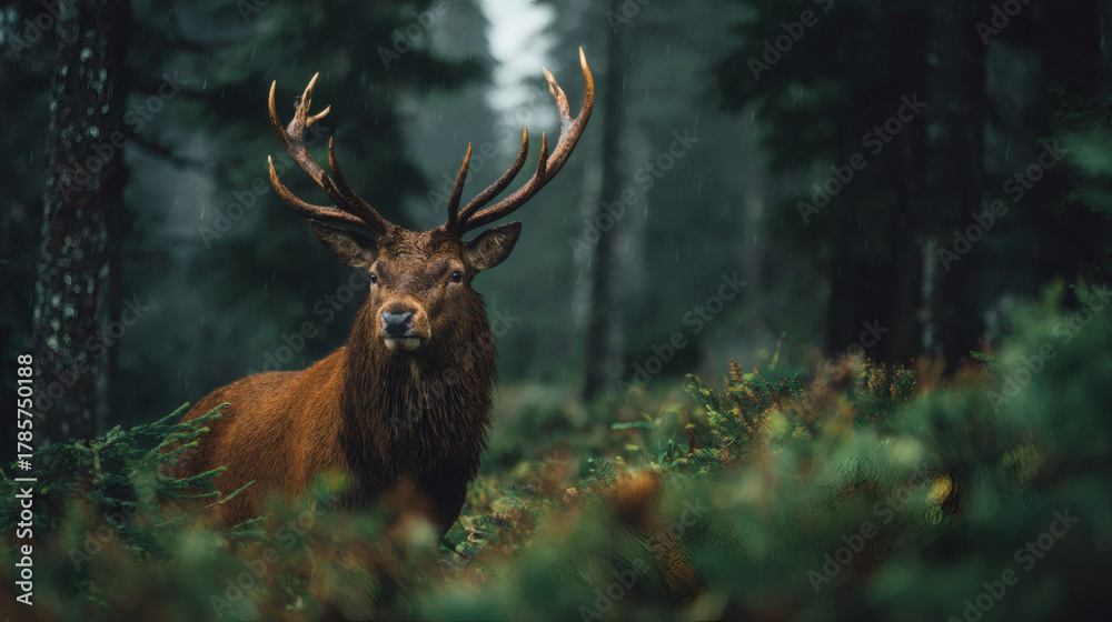 Fototapeta premium Red deer stag standing in a forest during a rain shower, exploring nature