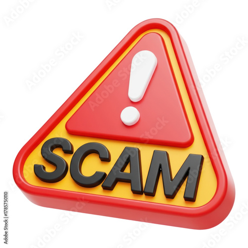 Scam warning sign 3d illustration. fraud alert symbol in red and yellow triangle for digital safety online.