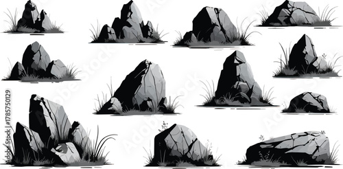 Set of rocky stones with grass in black and white shading, natural landscape elements vector illustration