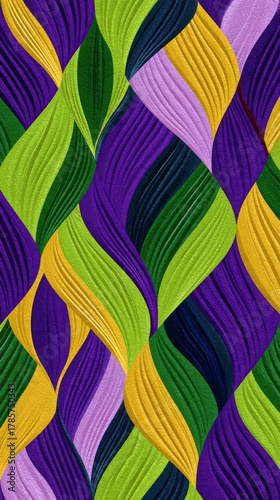 Colorful abstract wave pattern with green, purple, and yellow hues, Mardi Gras vertical background