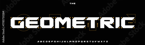 Geometric bold font logo alphabet square blocks typography, wide heavy cutout letters for techno futuristic title text, robotic technology, automotive poster headline, game branding. Vector typeset