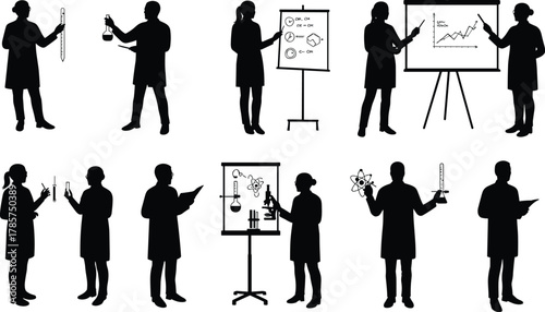 Scientists giving chemistry presentations, explaining scientific research and laboratory experiments, teaching molecular analysis and data charts, science education and innovation concept