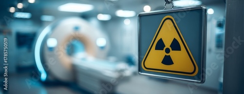 Radiation warning sign in medical radiology room with MRI machine  