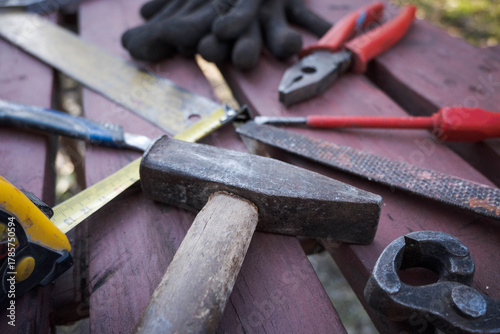 Workshop tools on a workbench, DIY.
