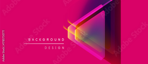 Vibrant pink backdrop features layered translucent triangles. Gradient colors shift from blue to orange. Text reads background design. Modern, dynamic visual.