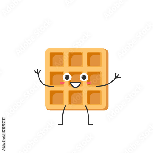 Viennese waffle cute cartoon character, a symbol of a delicious sweet breakfast, greeting smile face kawaii joy happy emotions icon vector illustration.