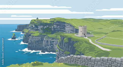 Dramatic coastal landscape illustration featuring steep green cliffs, deep blue ocean, and historic stone tower