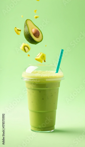 studio shot of a refreshing green smoothie made from avocado and kiwi, in a clear plastic cup with a dome lid and a blue straw.