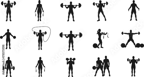 Silhouette collection of men and women exercising with barbells, dumbbells, and jump ropes, fitness and strength workout poses