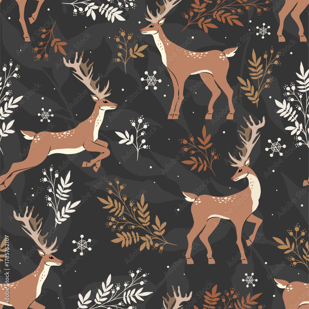 Naklejka premium Seamless pattern with winter deers. Design for card, fabric, print, greeting, cloth, poster, clothes, textile.