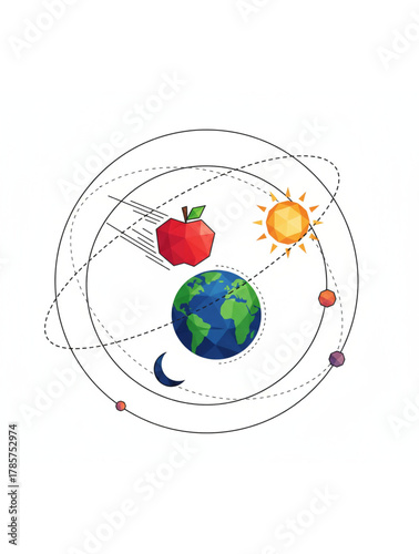 Conceptual illustration of gravitational theory featuring a red apple orbiting a low-poly Earth within a solar system model